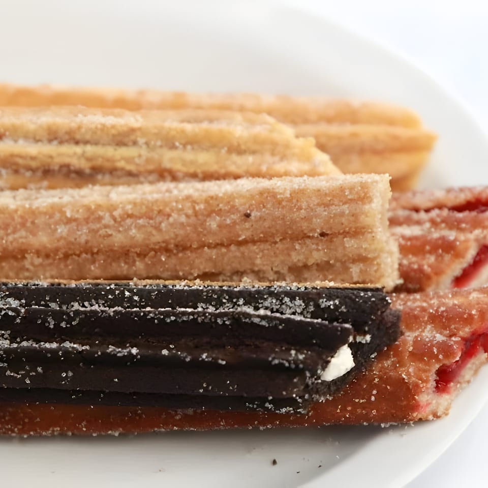 A close-up of various churros, including classic, chocolate, and fruit-filled, on a white plate.