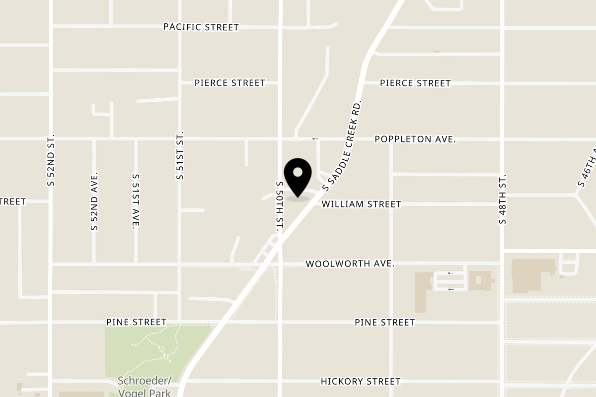 Map showing the location of The Churro Spot on 1319 S 50th St in Omaha